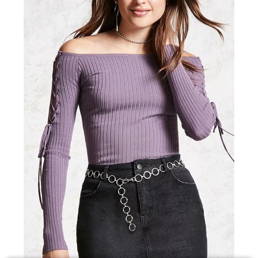 Off-the-shoulder knit top; lace-up on long sleeves